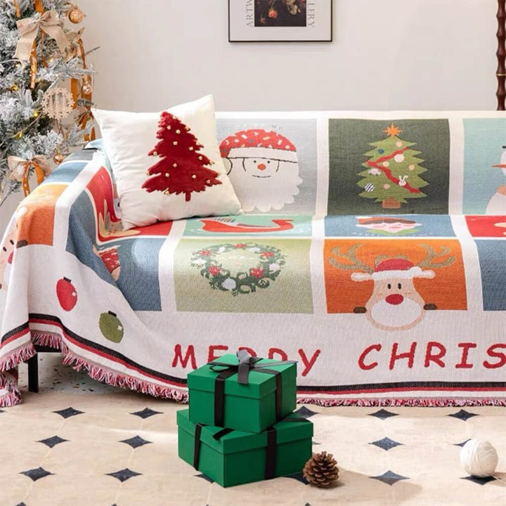 Elegant jacquard knit Christmas sofa cover with winter patterns, ideal for seasonal home styling & festive decor.
