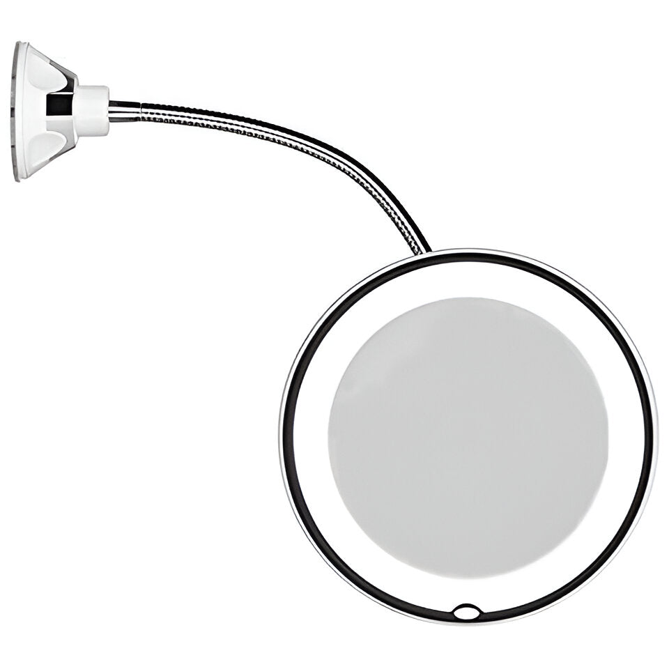 Portable LED makeup mirror with 10X magnification and strong suction cup, ideal for travel and precise grooming.