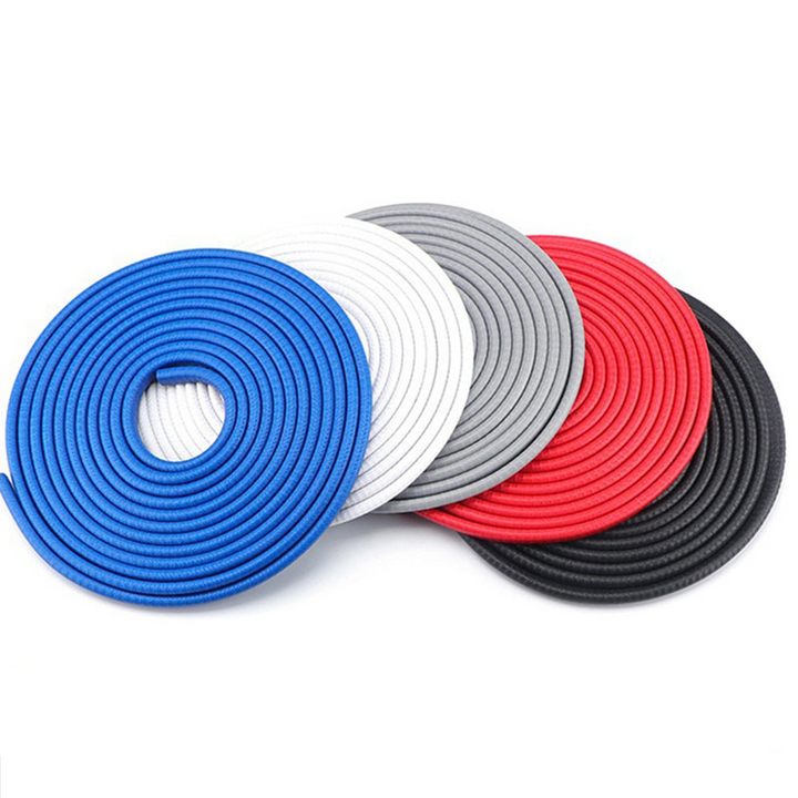 "Flexible car door edge protection strip with internal steel; fits curves, available in Black, Blue, Gray, Red; 32.8 ft long.