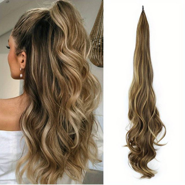Flexible wrap-around ponytail extension for women, adds instant hair volume & long wavy style.