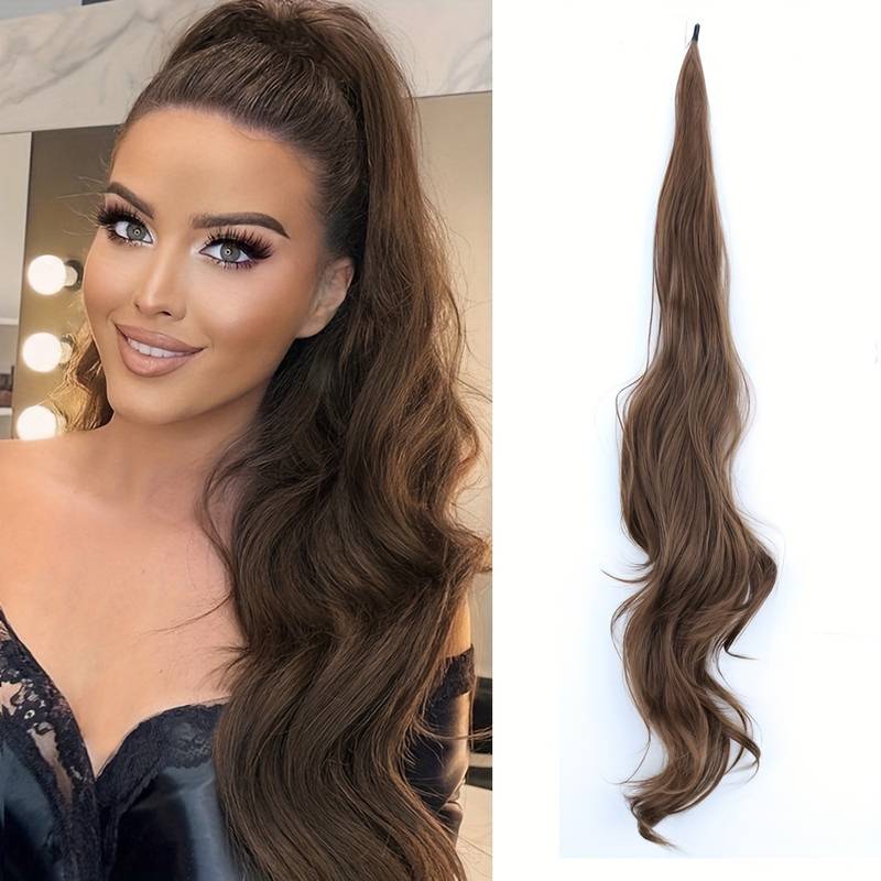 Easy styling wrap-around ponytail hair extension, synthetic, for voluminous & long hairstyles.
