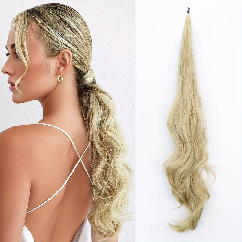 Synthetic wrap-around ponytail hair extension, easy styling for women's hair volume & length.