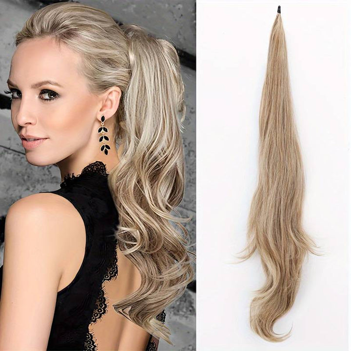 Wavy wrap-around ponytail extension, perfect hair accessory for adding volume & long styles.