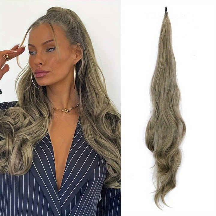 Blonde wrap-around ponytail extension for women, easy-to-use synthetic hair for volume.