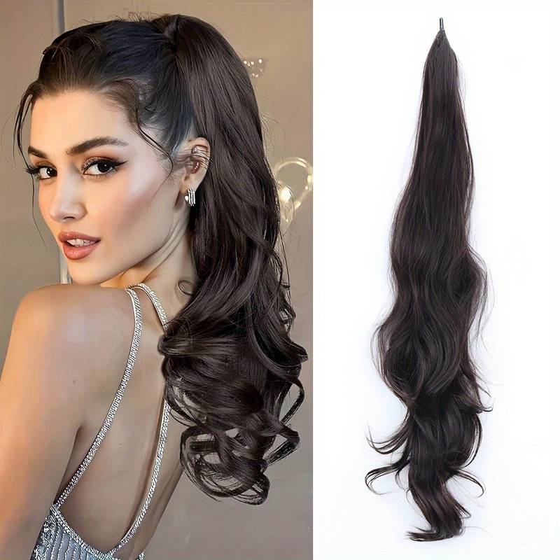 Brunette wrap-around ponytail extension, synthetic hair accessory for instant volume & length.