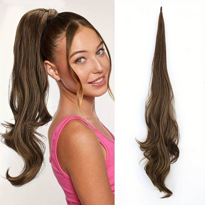 Women's hair accessory: flexible wrap-around ponytail extension for voluminous, long hairstyles.