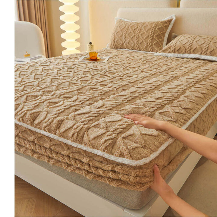 Cozy, fluffy fitted mattress cover. Easy-care, pet-friendly home bedding for a peaceful sleep.