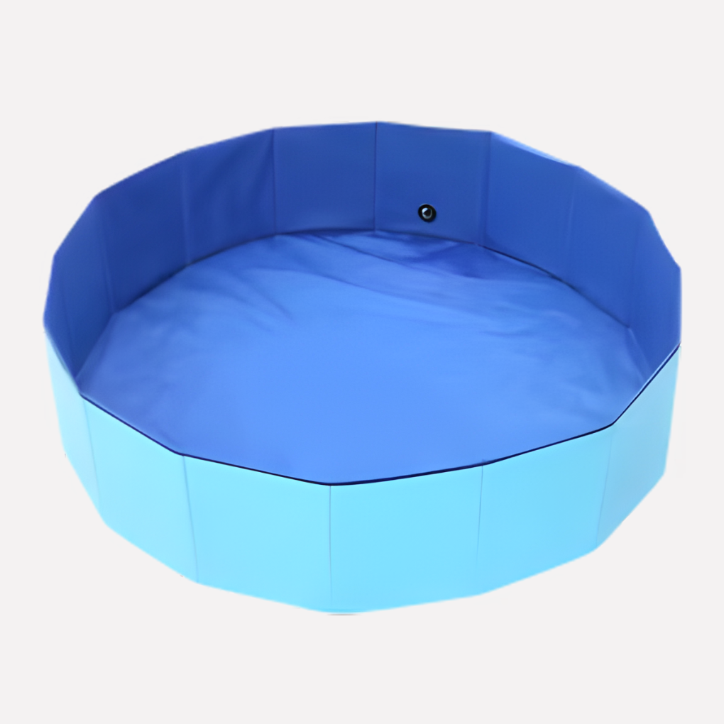 Portable foldable dog pool for outdoor pet cooling and summer fun. Features durable, anti-slip design for safe play.