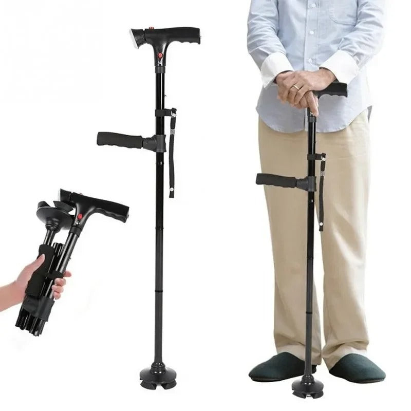 Folding cane with dual handles, LED light & emergency alarm, providing balance support & safety for elderly.