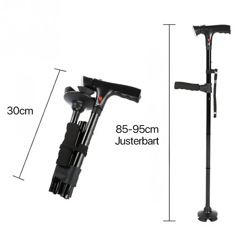 Portable folding cane, adjustable, with LED light, dual handles & emergency alarm for enhanced mobility & safety.