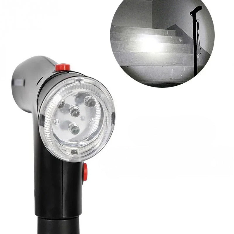 Elderly care folding cane, a reliable mobility aid with dual handles, LED light & emergency alarm for stability.