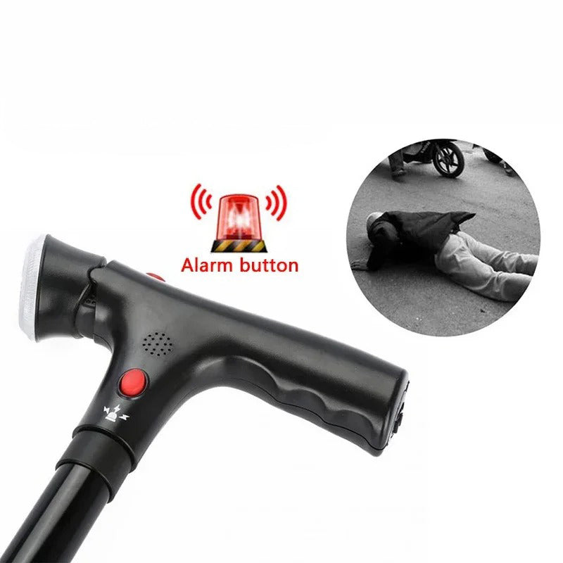 Safety aid folding cane, a durable walking stick with bright LED light, dual handles & an emergency alarm.