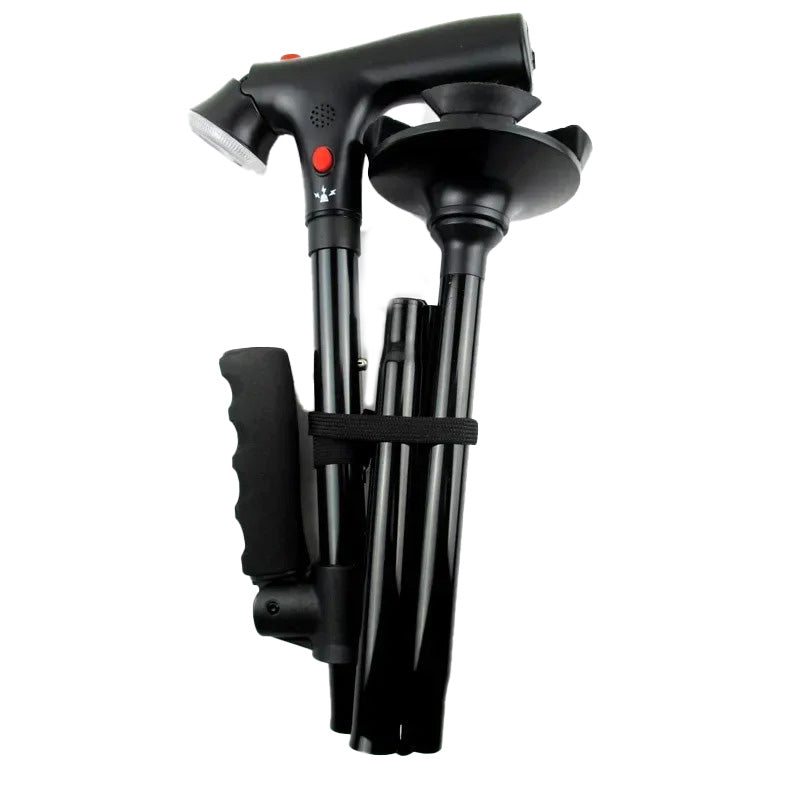 Adjustable folding support cane, a versatile walking stick with LED light, dual handles & emergency alarm for balance.