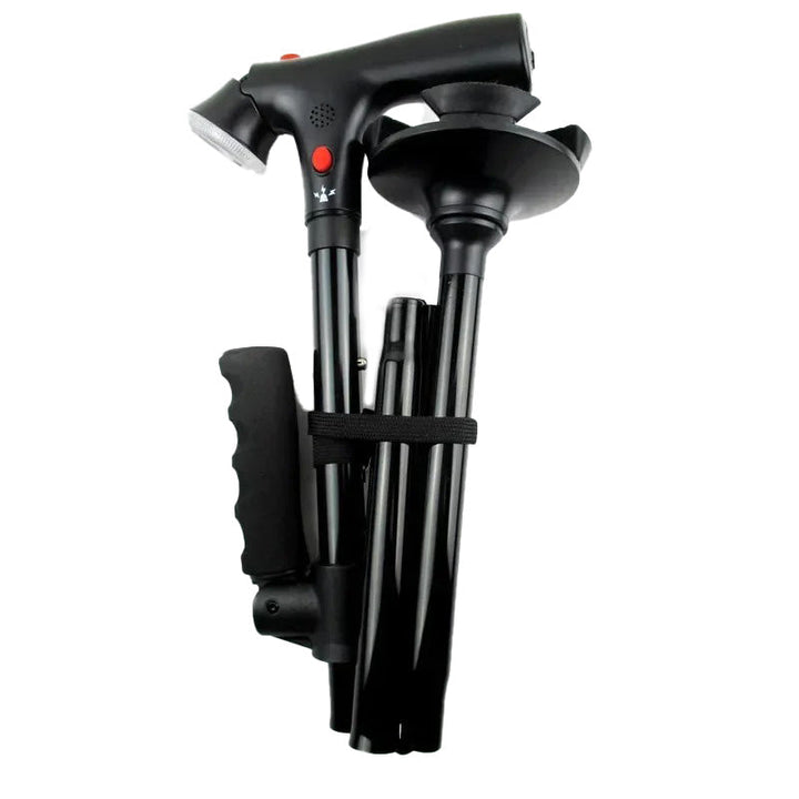 Adjustable folding support cane, a versatile walking stick with LED light, dual handles & emergency alarm for balance.