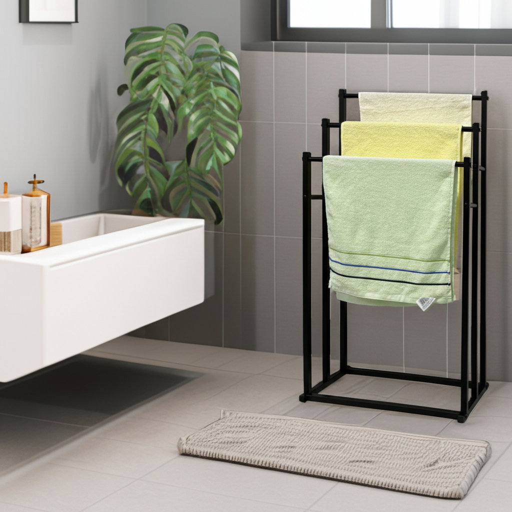 Freestanding steel towel rack for bathrooms, organizing towels neatly and efficiently.