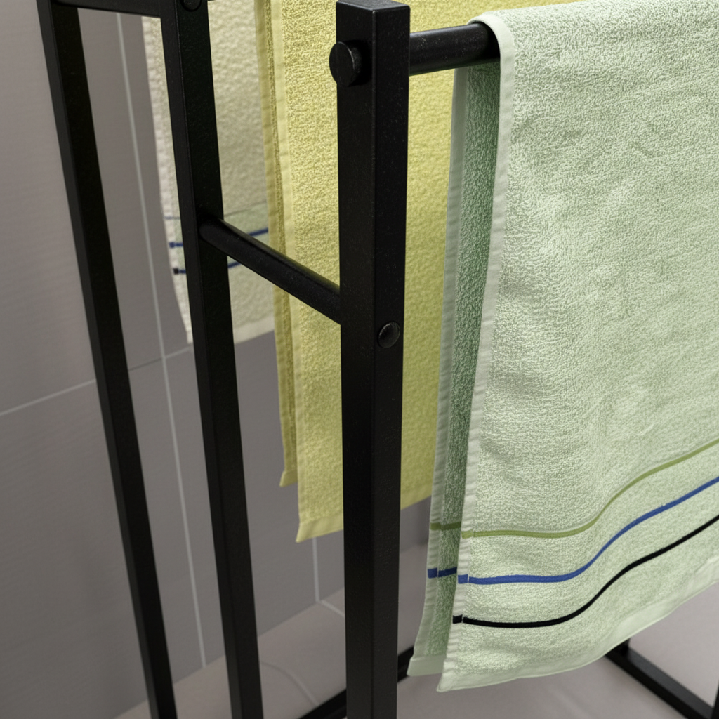 No-assembly freestanding steel towel rack for bathroom storage; durable and stylish home decor solution.