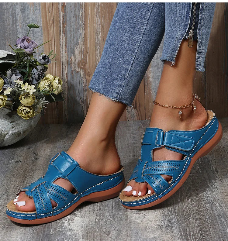 Material texture close-up on women's comfort sandals, emphasizing durability and softness.