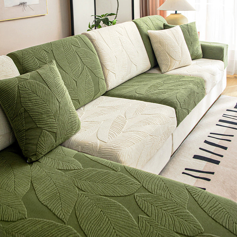 Full Wrap Leaf Jacquard Sofa Cover with Pet & Spill Protection. Stretch furniture protector.