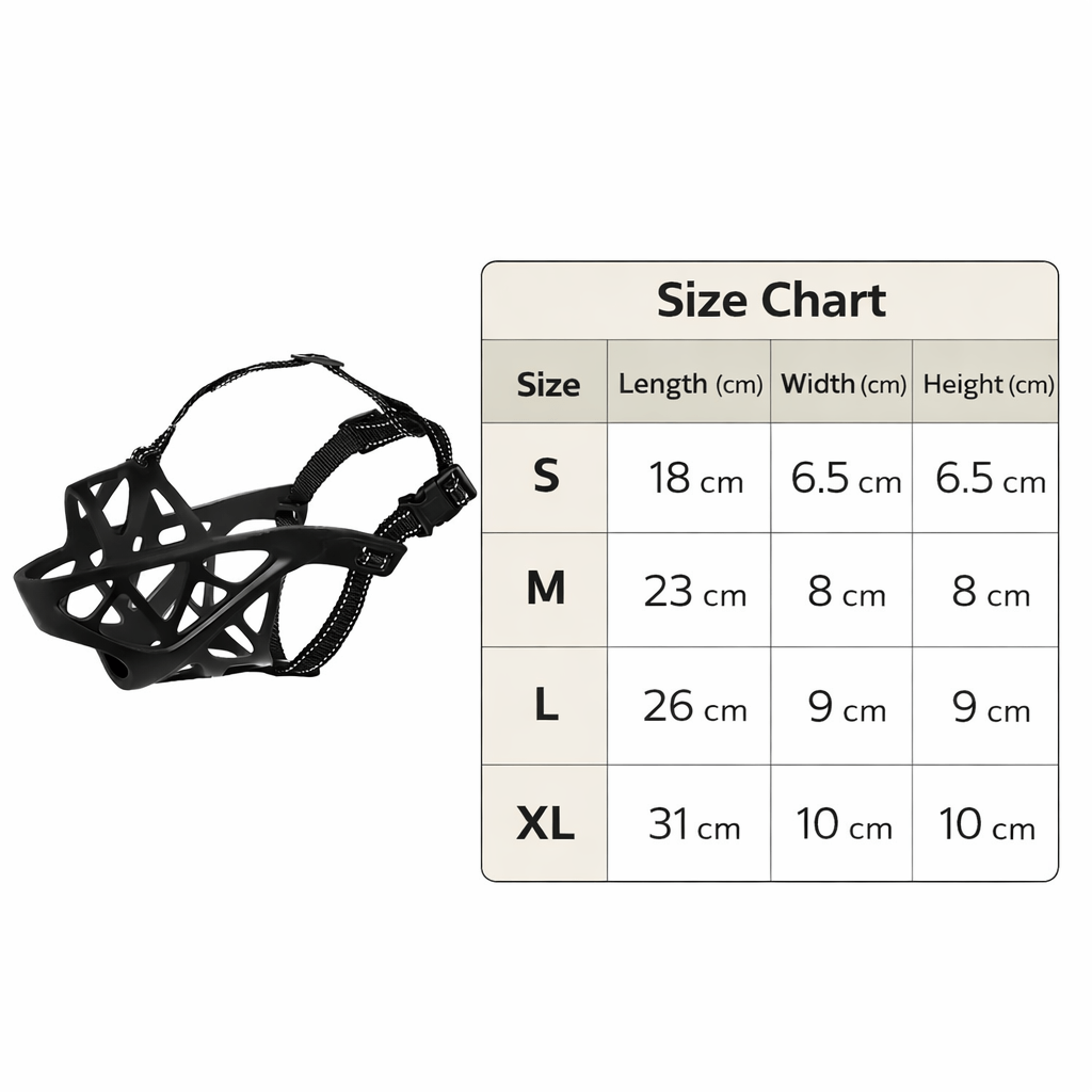 Gentle dog muzzle product on display, highlighting features for comfortable control & pet safety.
