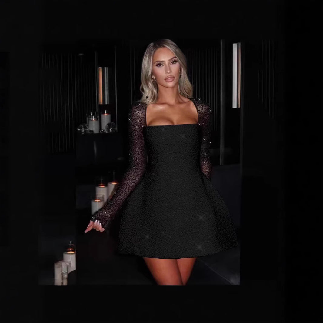 Glamorous women's black lace mini dress with sheer sleeves, perfect for evening parties & special occasions.