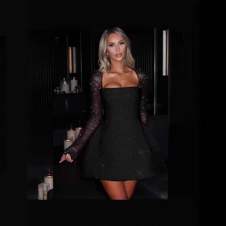 Glamorous women's black lace mini dress with sheer sleeves, perfect for evening parties & special occasions.