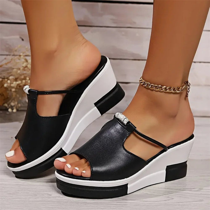 Glamorous women's open-toe wedge platform slide sandals with sparkling rhinestones.