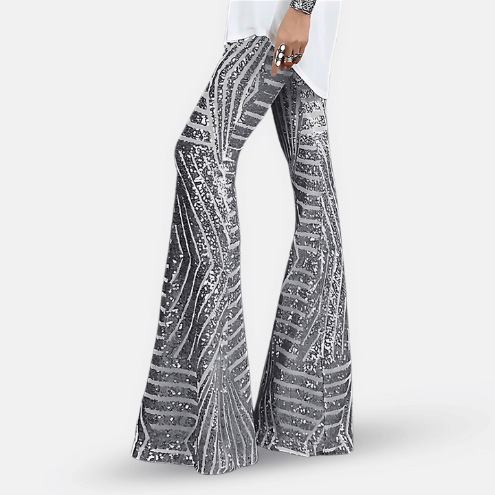 Sparkling women's high-waisted sequin flare pants, ideal for a trendy night out or special occasion.
