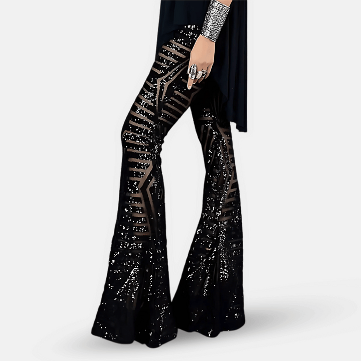 Chic women's sequin flare pants with a high waist, a dazzling statement piece for evening wear.