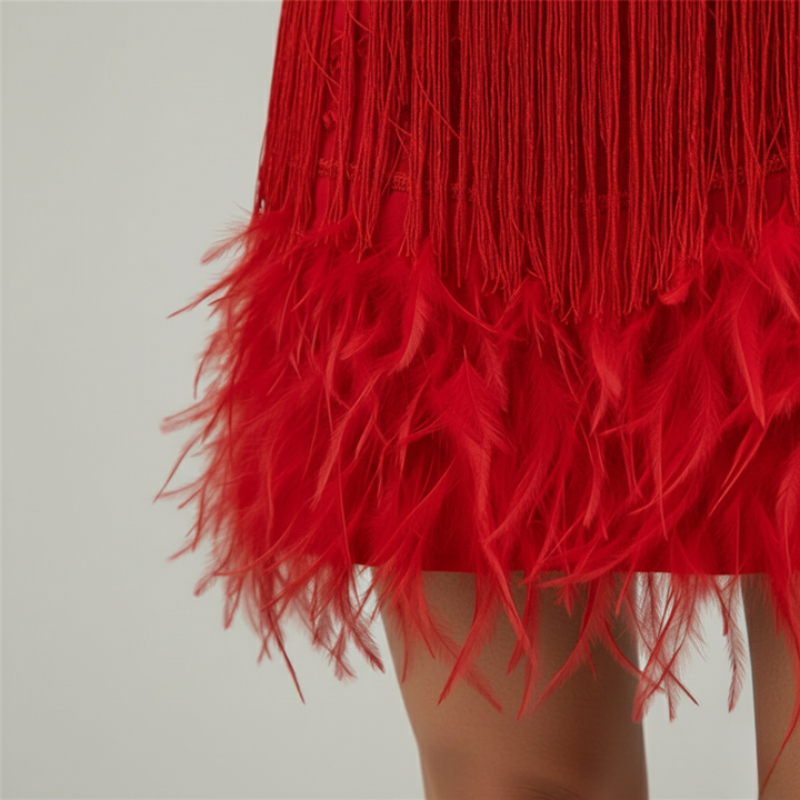 Women's glamorous mini sequin dress with feather fringe. Perfect party or evening gown.