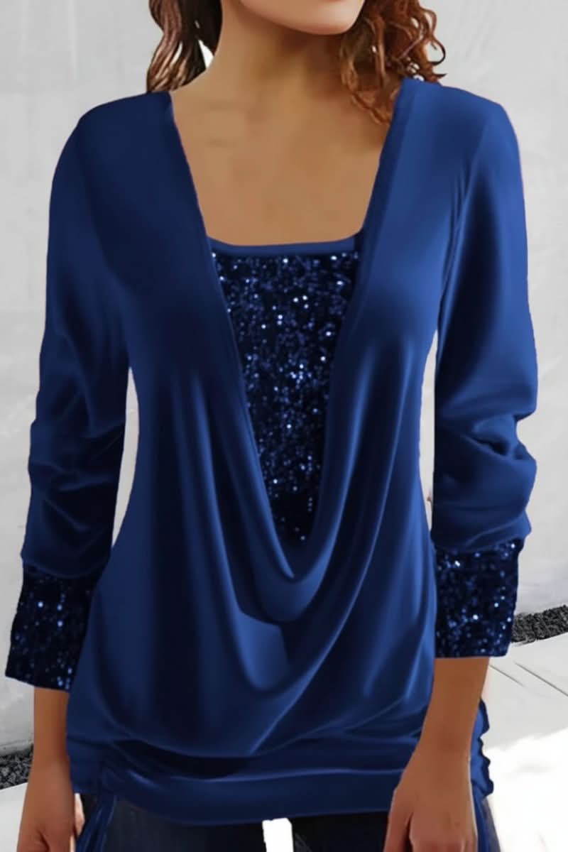 Women's sequin long sleeve party top with a chic plunging neckline, dazzling for special occasion wear.