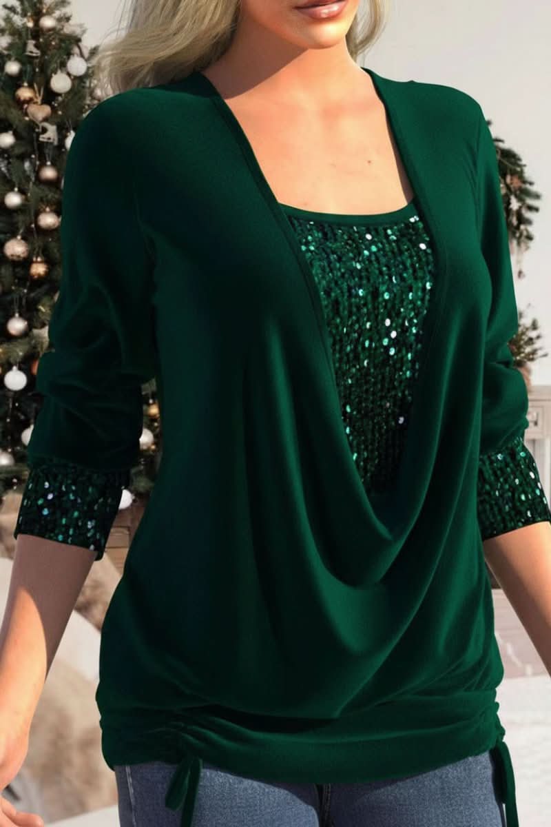 Elegant women's sequin top with a dramatic plunging neckline & long sleeves, ideal for evening glamour.