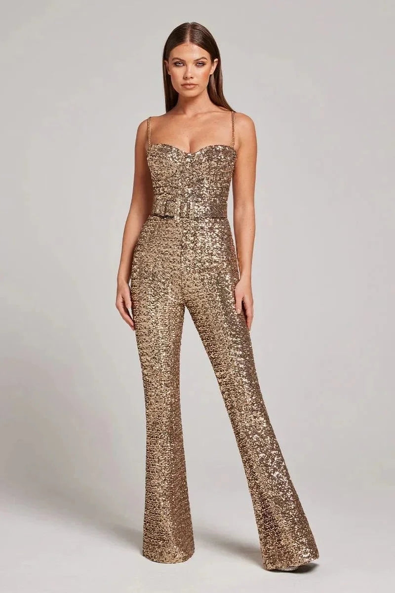 Shimmering women's strapless sequin jumpsuit with a fashionable flared leg. A stunning party outfit.