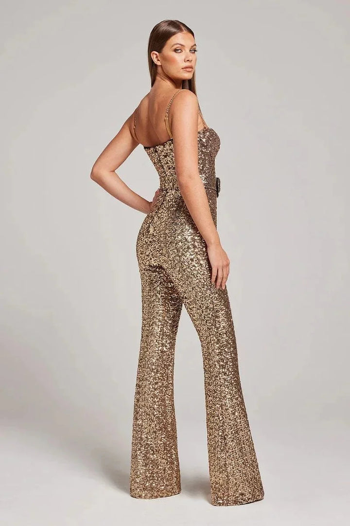 Fashionable women's strapless sequin jumpsuit with a flattering flared leg. Great for formal parties.