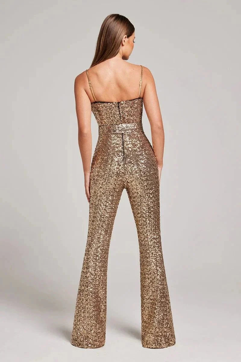 Chic women's strapless sequin jumpsuit, wide flared leg. A glamorous alternative for evening events.
