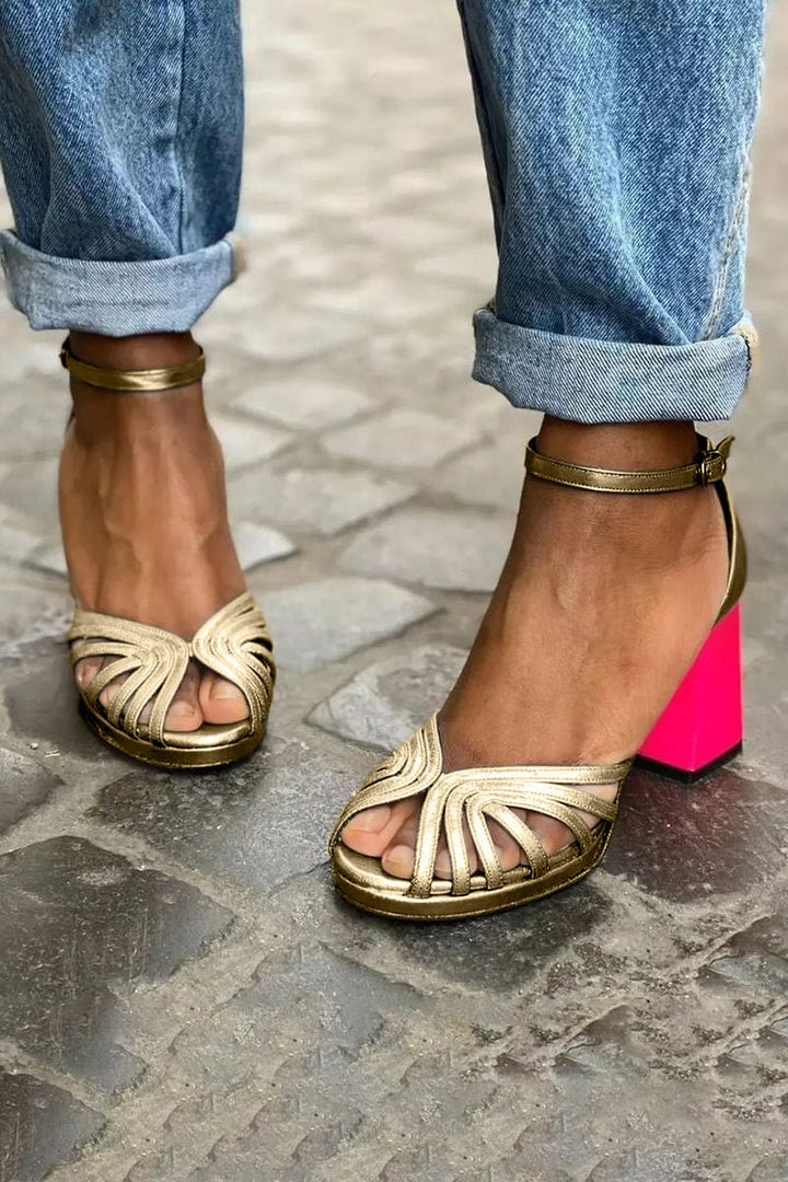 Elegant women's multi-strap block heel sandals with open toe, secure ankle strap; ideal comfortable dressy summer heels.
