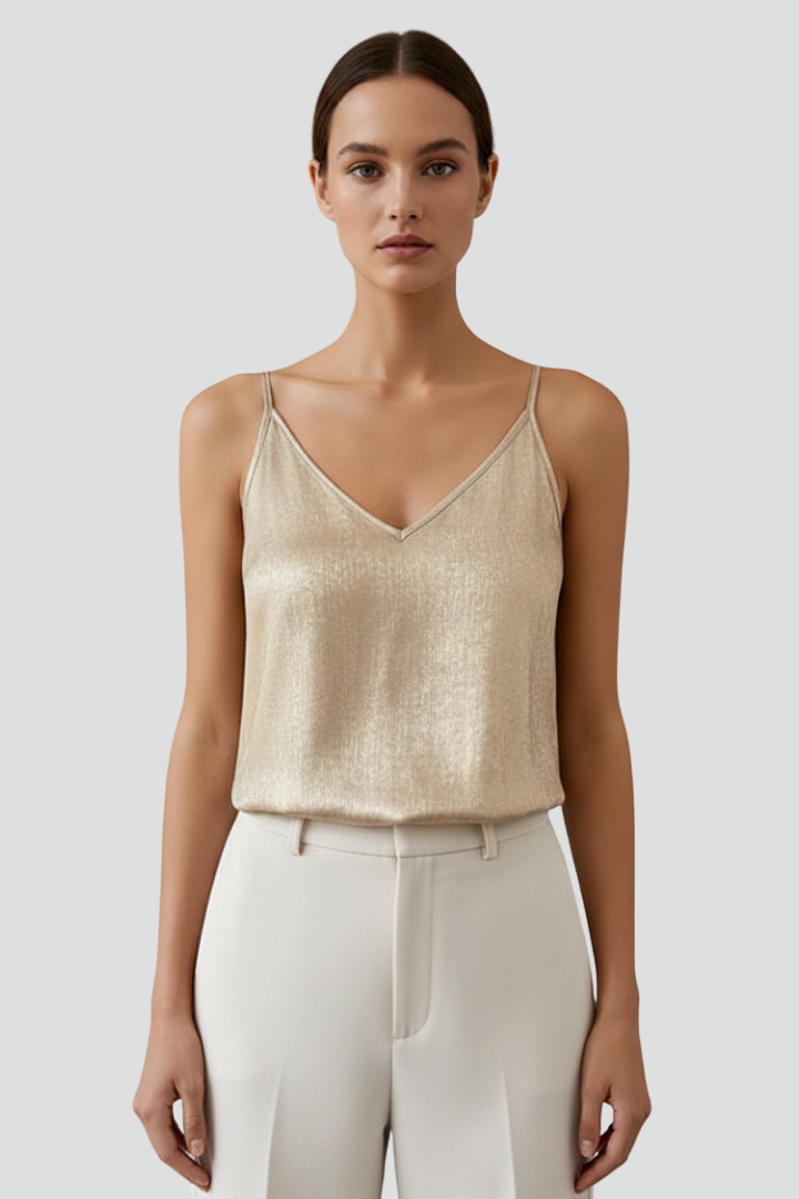 Chic gold cami top, women's V-neck sleeveless design with delicate spaghetti straps, great for casual elegance.