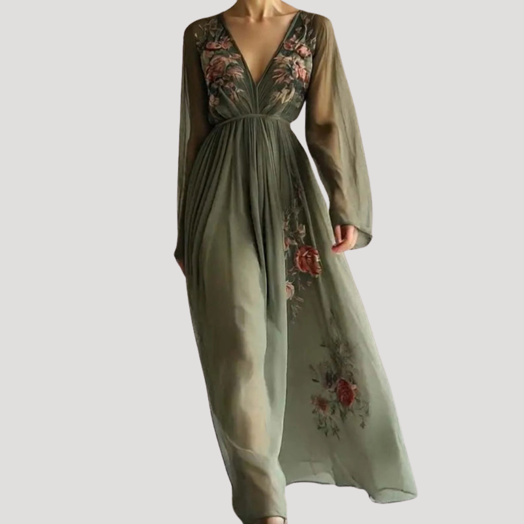 Green floral embroidered V-neck flowy maxi dress for women. Elegant summer dress, ideal for parties or wedding guests.