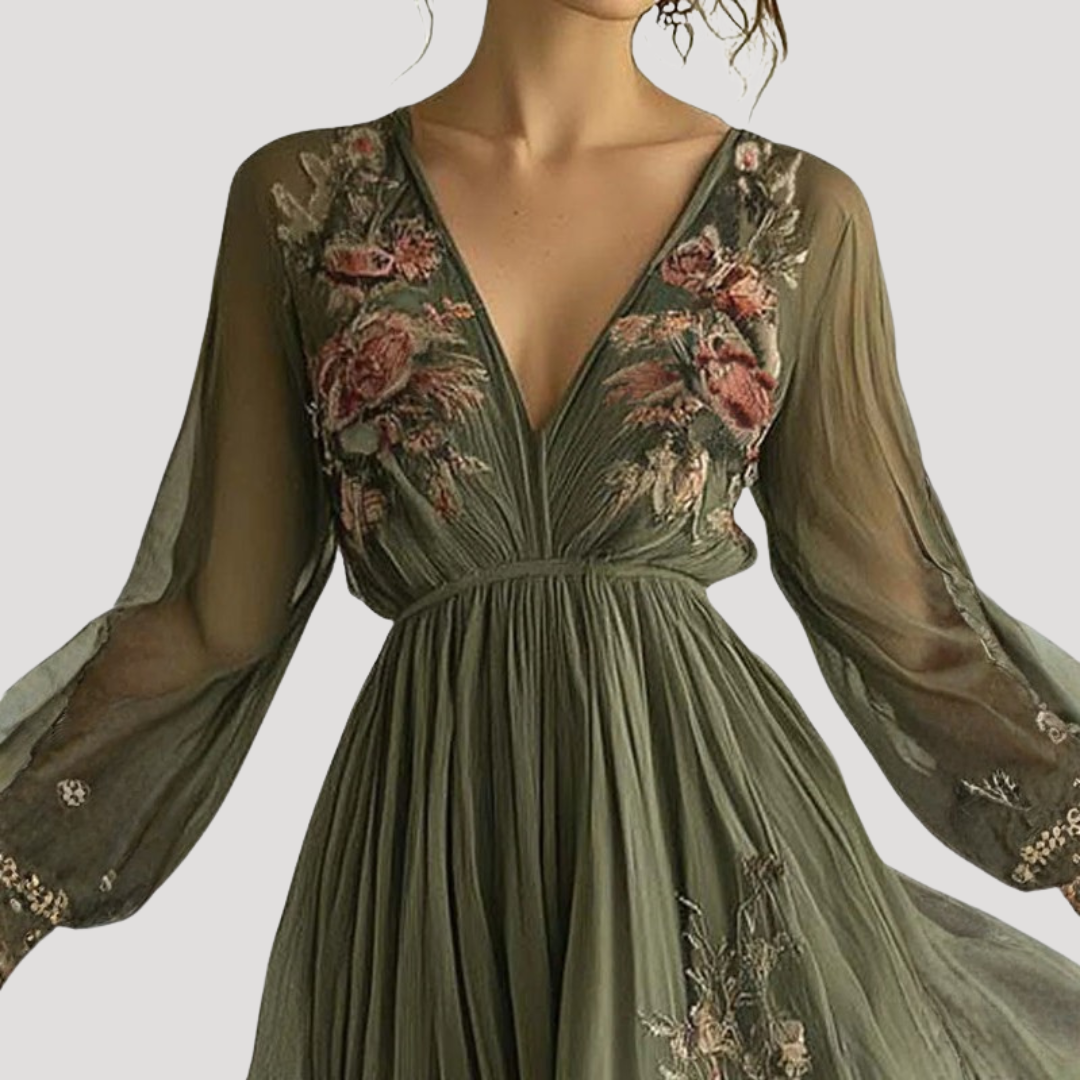 Women's elegant V-neck maxi dress with intricate floral embroidery, a flowy design perfect for formal events or summer.