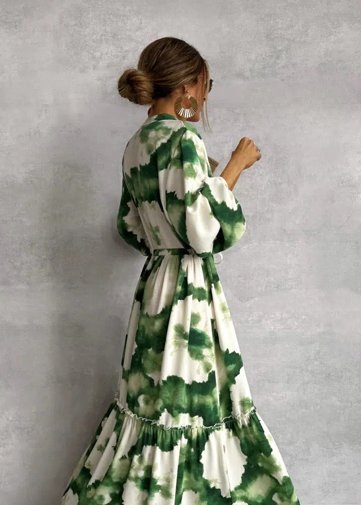 Green tie-dye long sleeve maxi dress for women, v-neck, tiered skirt & belted waist. Flowy bohemian style.