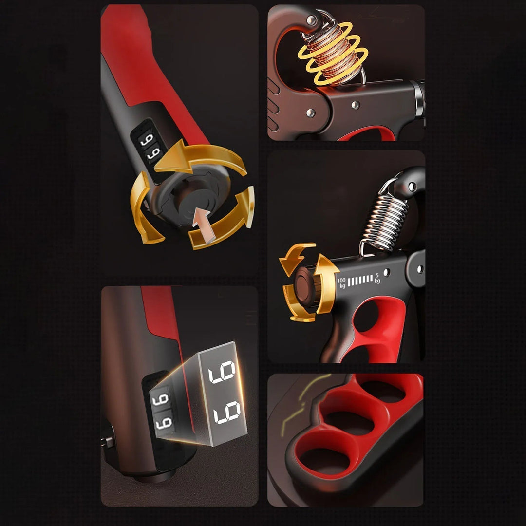 Ergonomic adjustable resistance hand exerciser for forearm muscle building & grip strength.