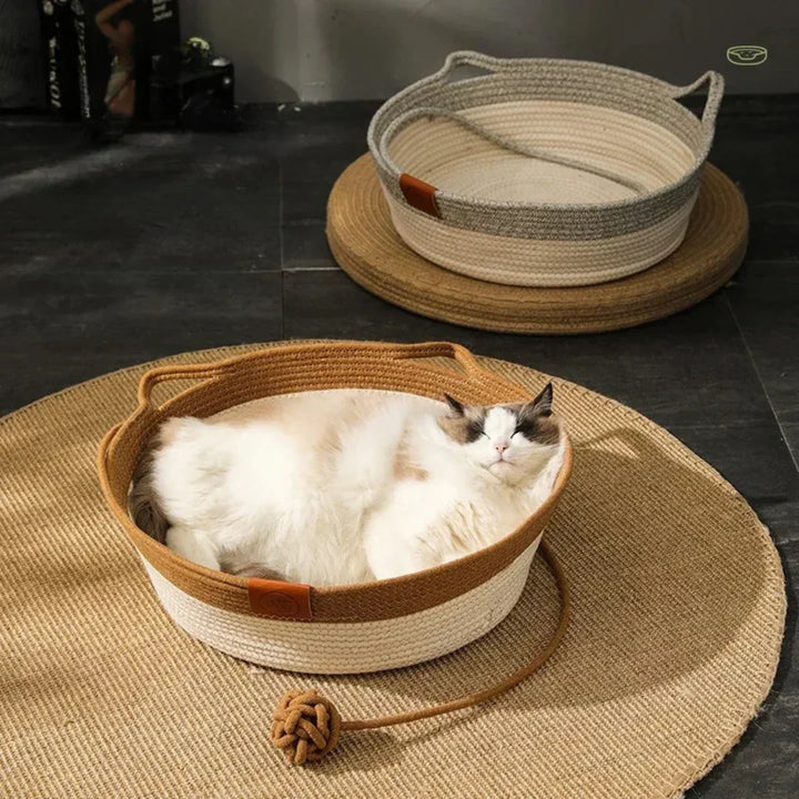 Handwoven cotton rope cat bed, the DreamNest, offering a cozy and comfortable sleep spot for feline pets.
