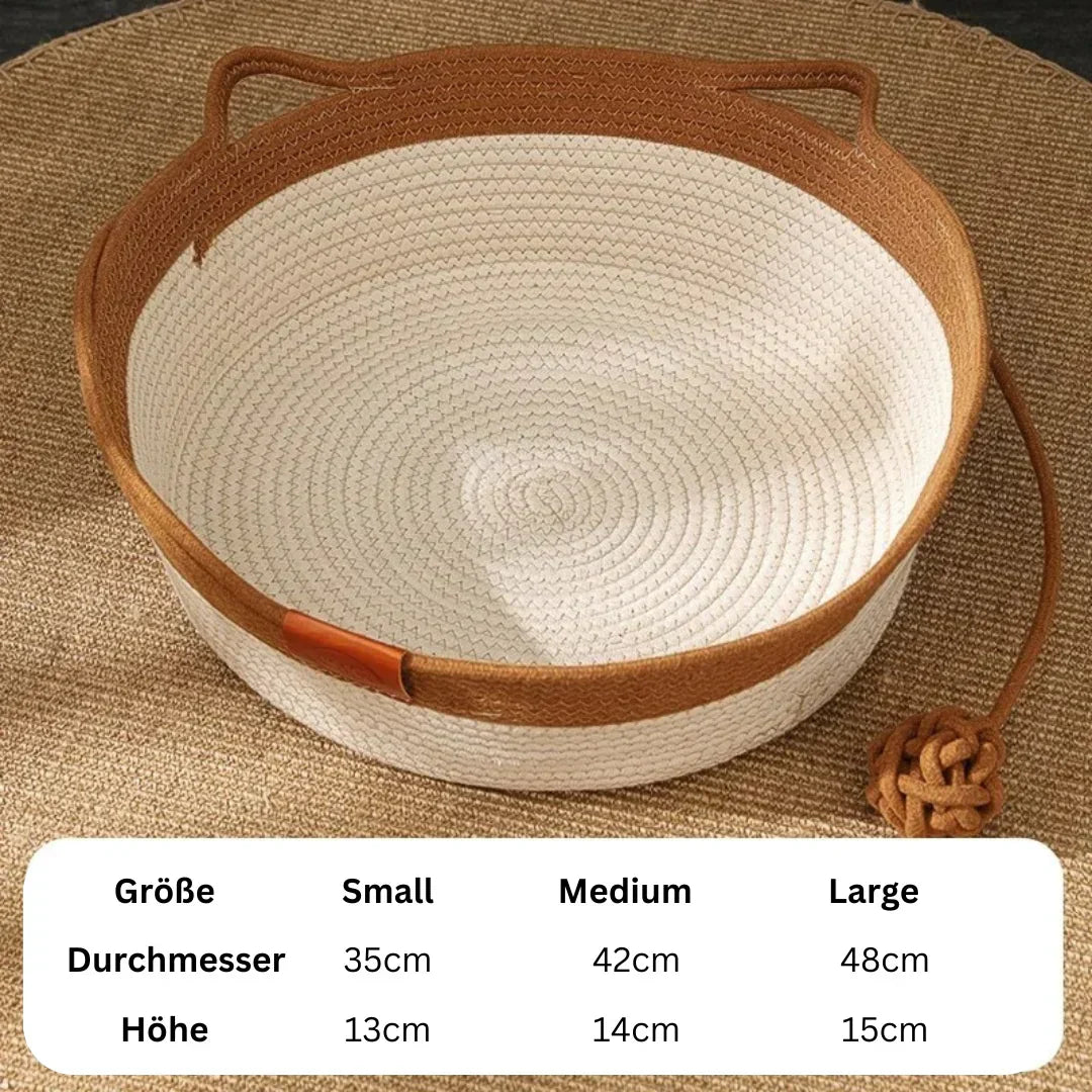 Modern handwoven cotton rope cat bed for ultimate feline comfort. An eco-friendly DreamNest pet furniture piece.