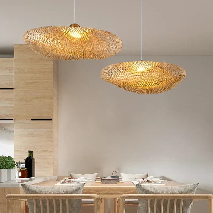 Handwoven rattan pendant light for natural home decor. Perfect for bohemian style & organic lighting.