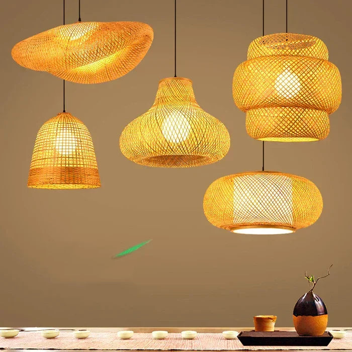 Artisanal handwoven rattan pendant light, enhancing natural home decor with its unique bohemian design.