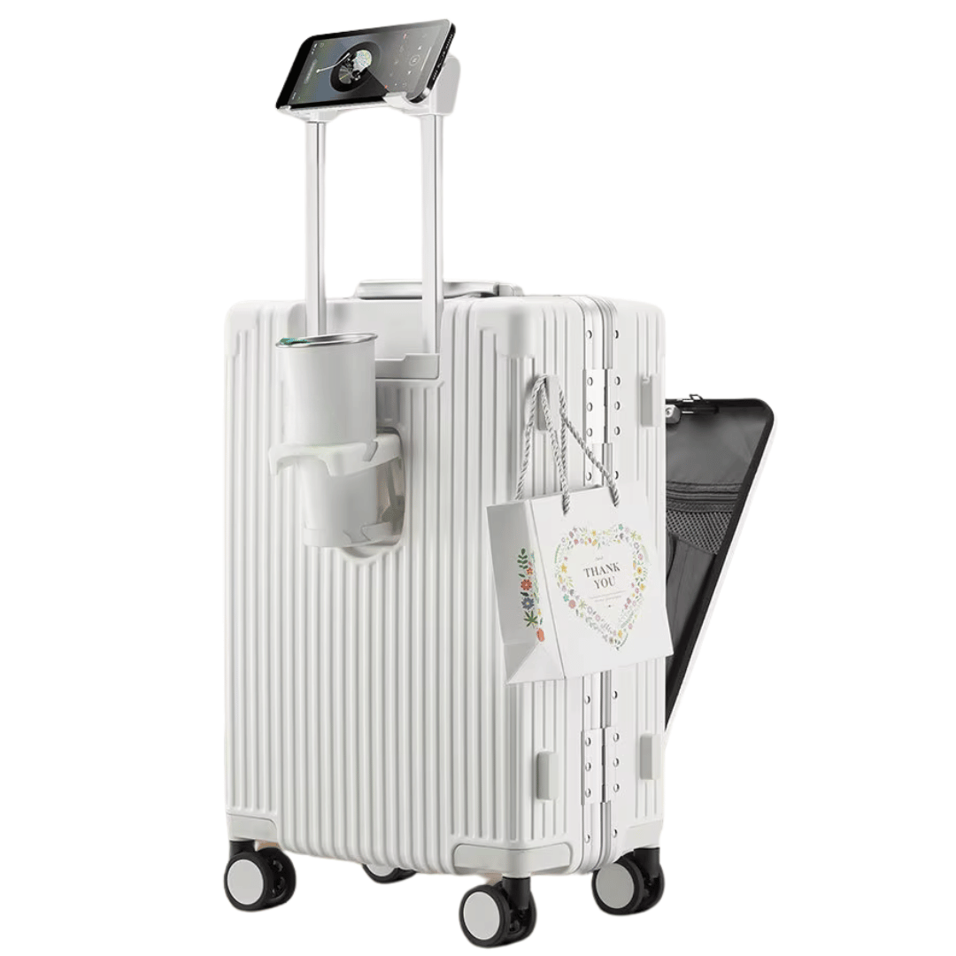 Hard-shell carry-on suitcase with smart tech, USB charging, and spinner wheels for modern travelers.
