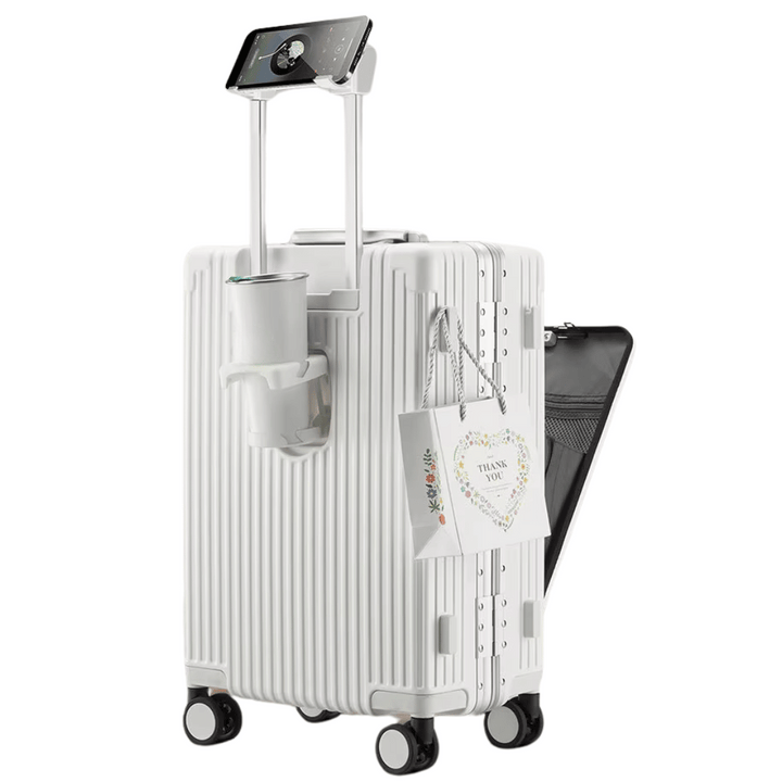 Hard-shell carry-on suitcase with smart tech, USB charging, and spinner wheels for modern travelers.