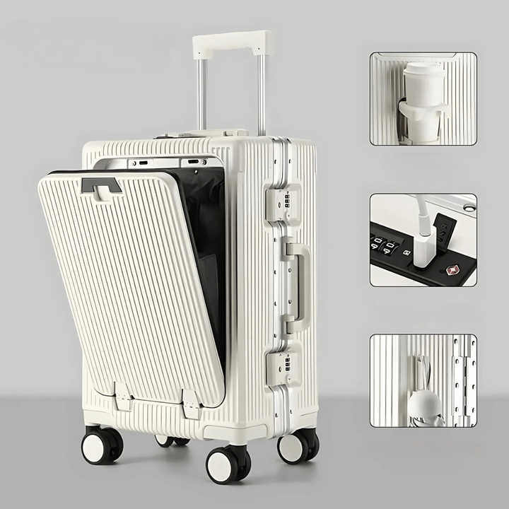 Stylish carry-on suitcase: hard-shell, smart tech, USB charging, and silent multi-directional wheels.