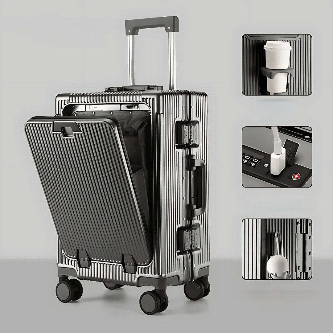 Robust hard-shell smart carry-on with TSA lock & USB port, designed for efficient travel.