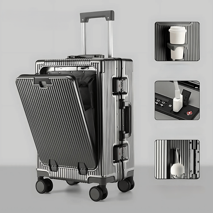 Robust hard-shell smart carry-on with TSA lock & USB port, designed for efficient travel.