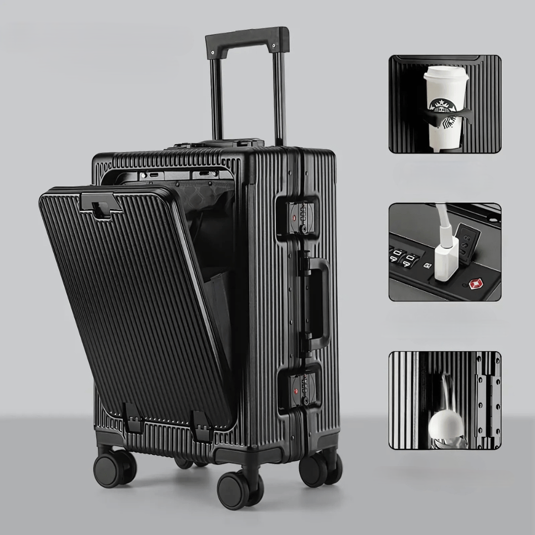 Innovative hard-shell carry-on luggage. Includes smart tech, spinner wheels, and a front access compartment.